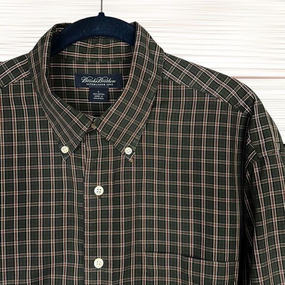 Brooks Brothers Casual Cotton Button Down Shirt Plaid Army Green Size L - Picture 6 of 12